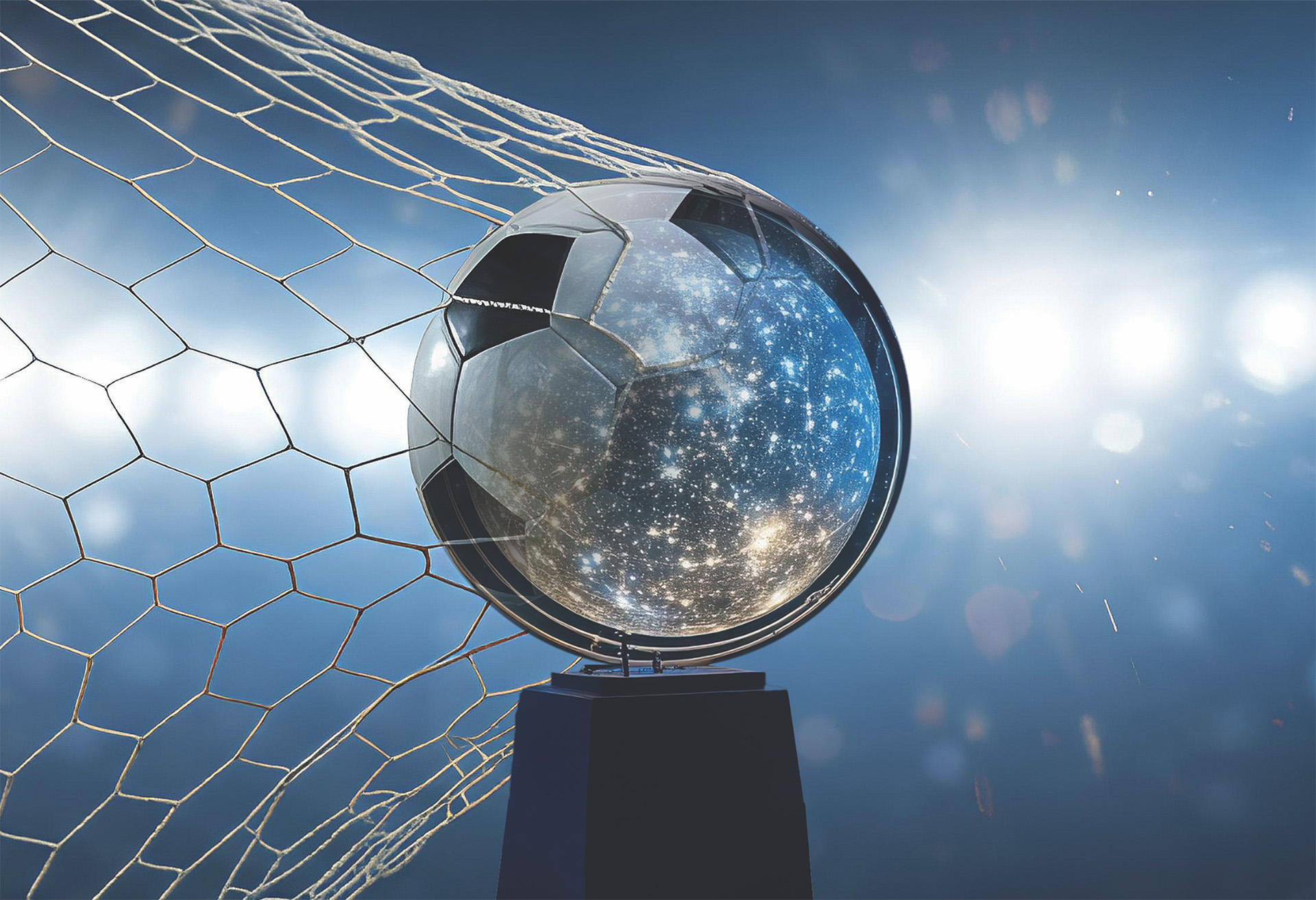 A silver football-shaped globe in a goal net under stadium lights.